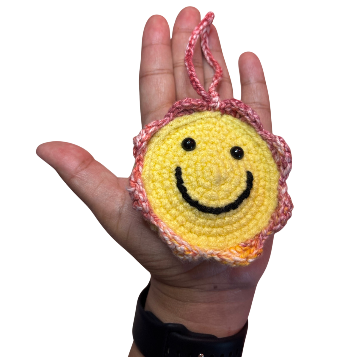 Smiley Face Crochet Pocket Mirror Charm – Handmade Purse Accessory