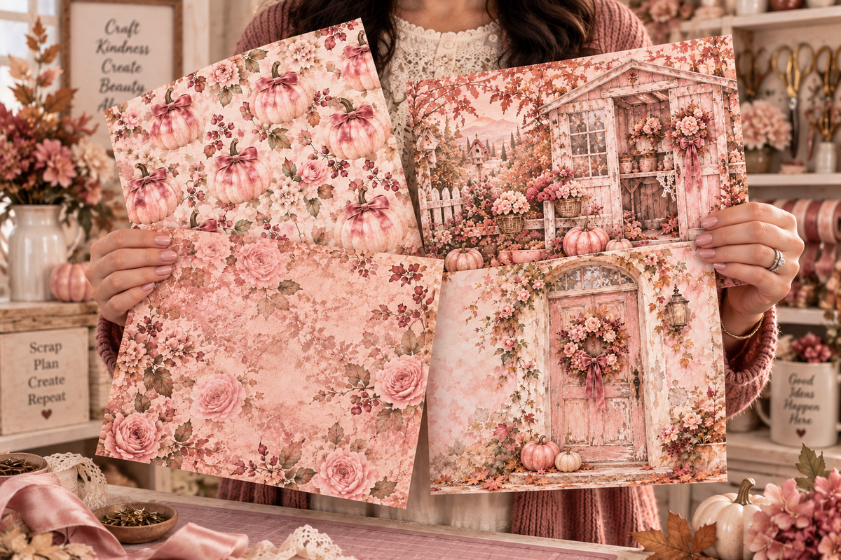 Crafter holding several Autumn in Blush printed papers