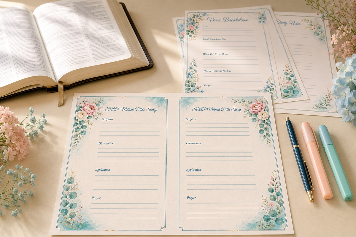 Printable SOAP Method Bible Study worksheet with coordinating Bible study pages