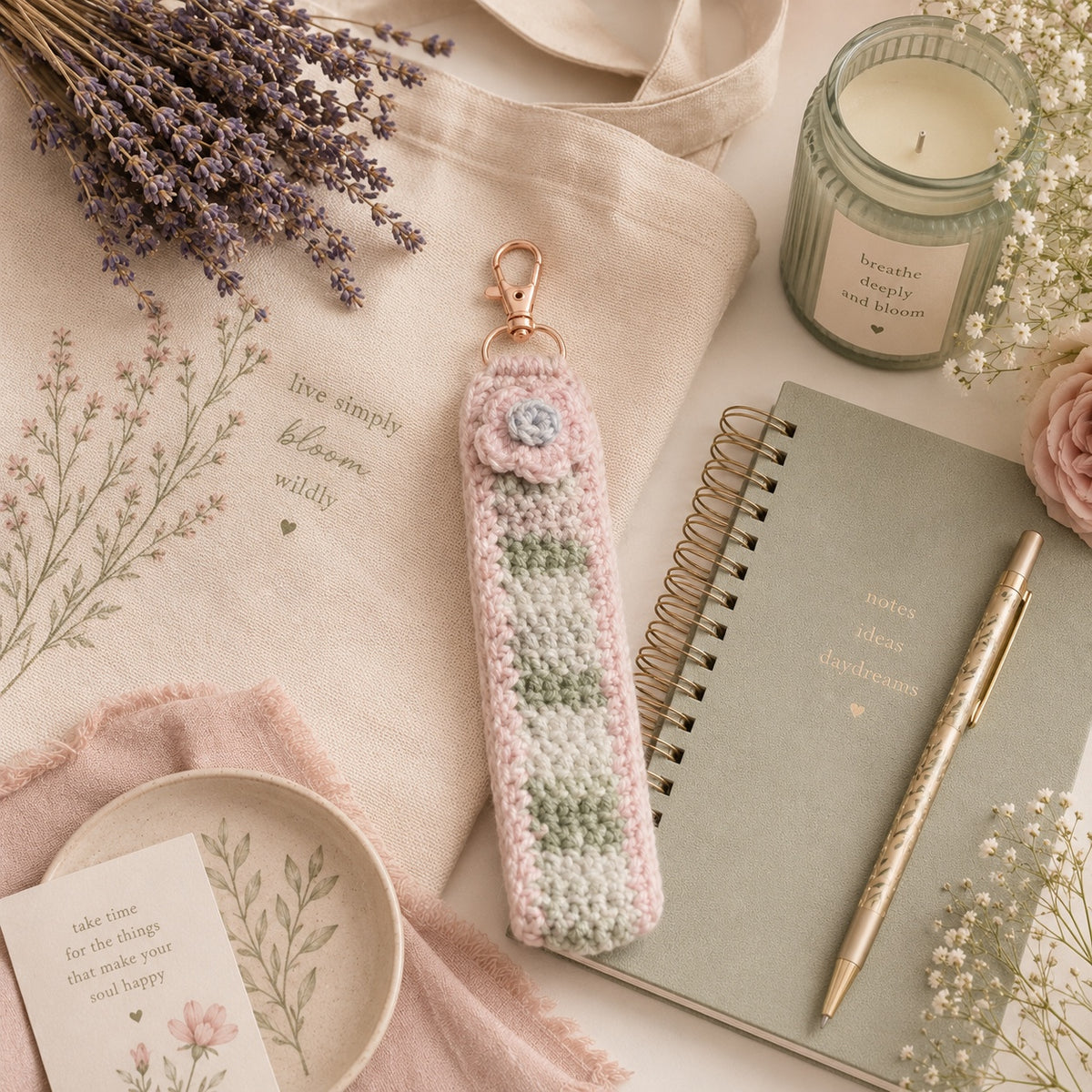 Soft Meadow crochet floral wristlet with sage notebook and canvas tote
