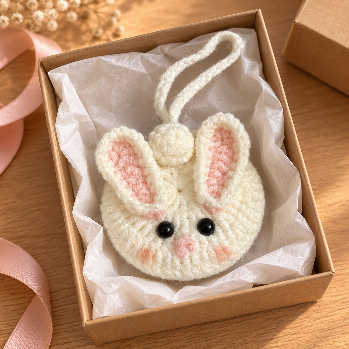 Cream bunny crochet pocket mirror charm in a gift presentation