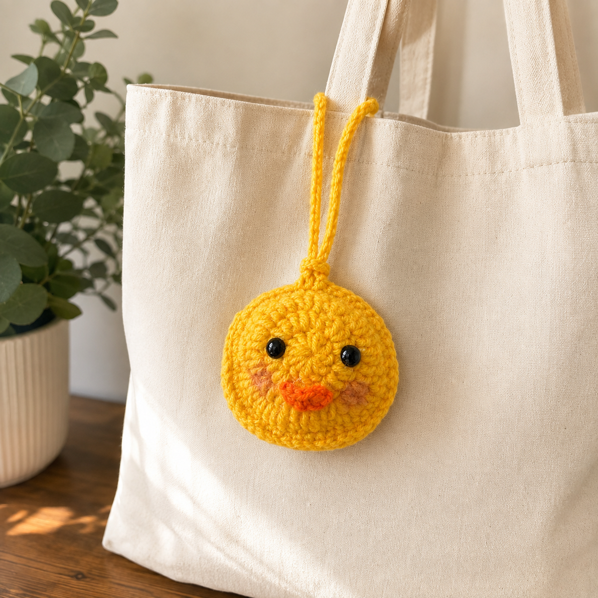 Handmade yellow crochet duck mini pouch attached to a neutral canvas tote