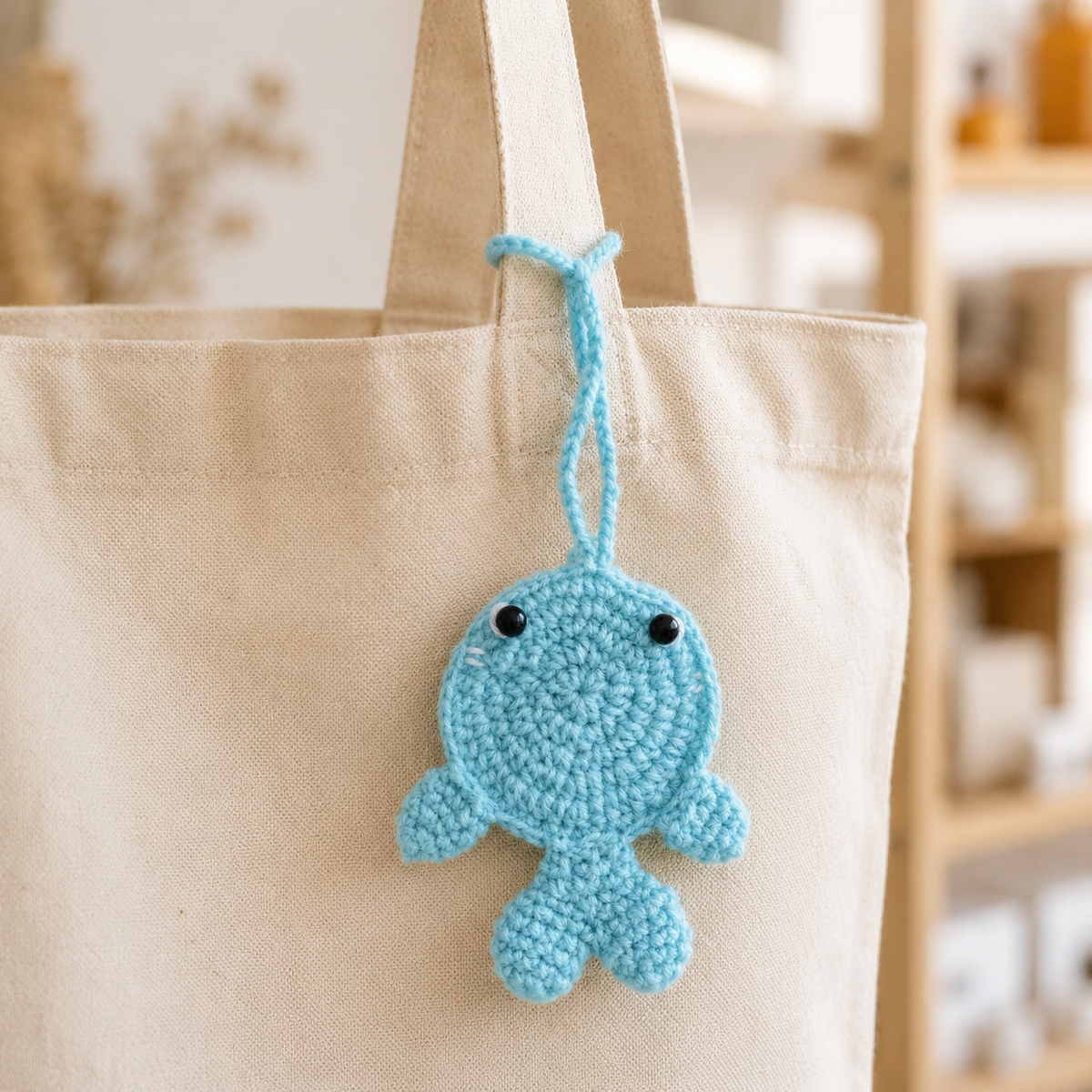 Handmade crochet whale pouch attached to a canvas tote