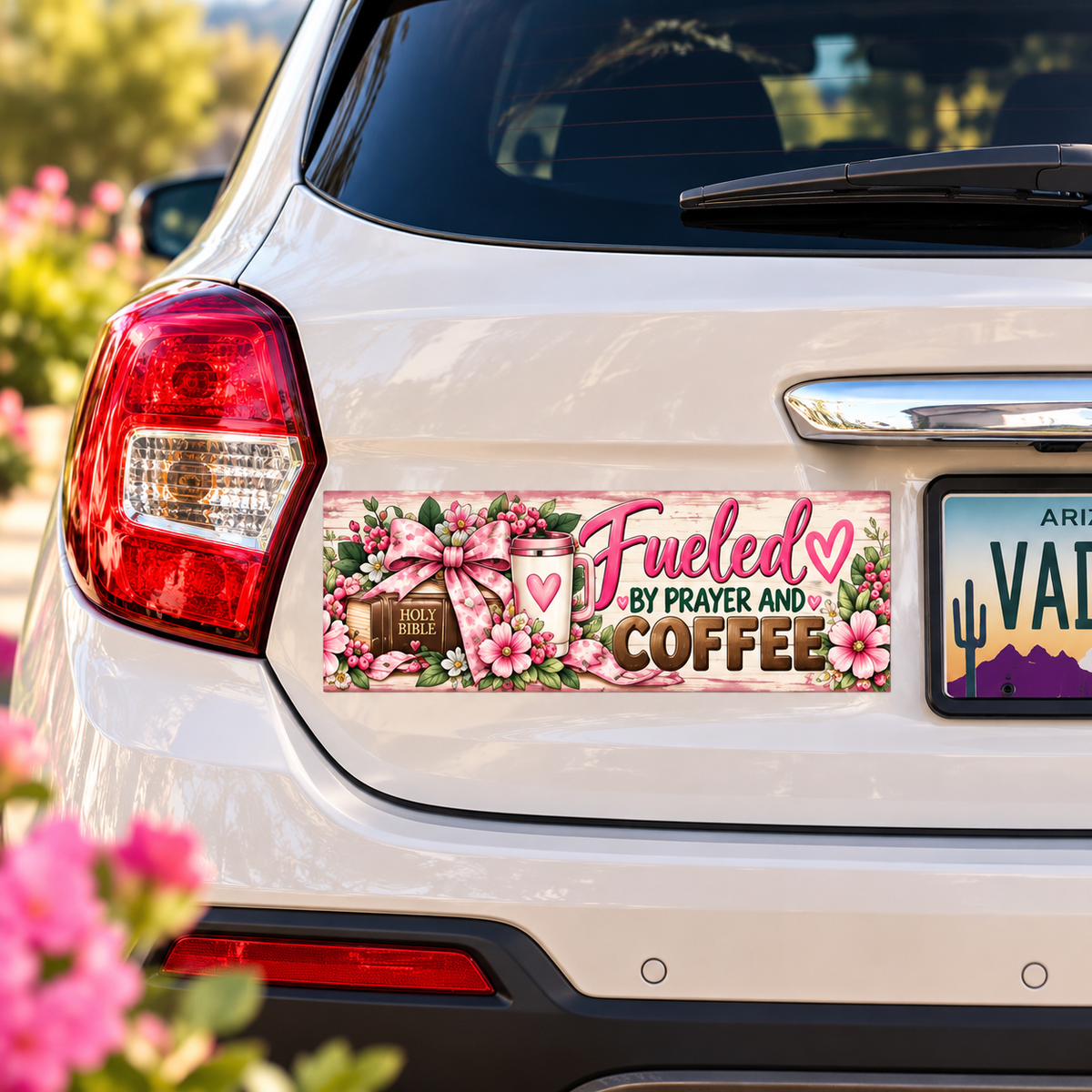 Bumper sticker lifestyle mockup on white car