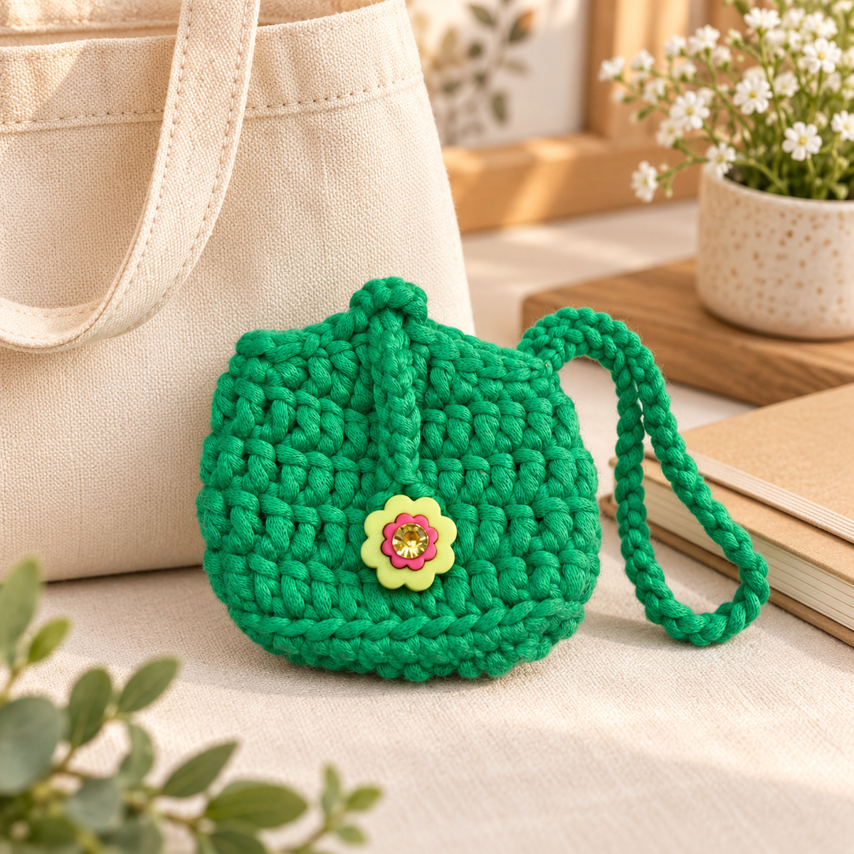 Green flower button crochet wristlet pouch lifestyle scene