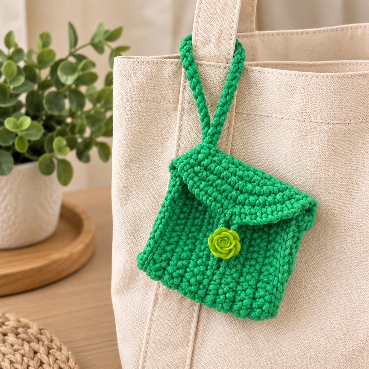 Green Rose Crochet Wristlet Pouch styled on a neutral canvas tote
