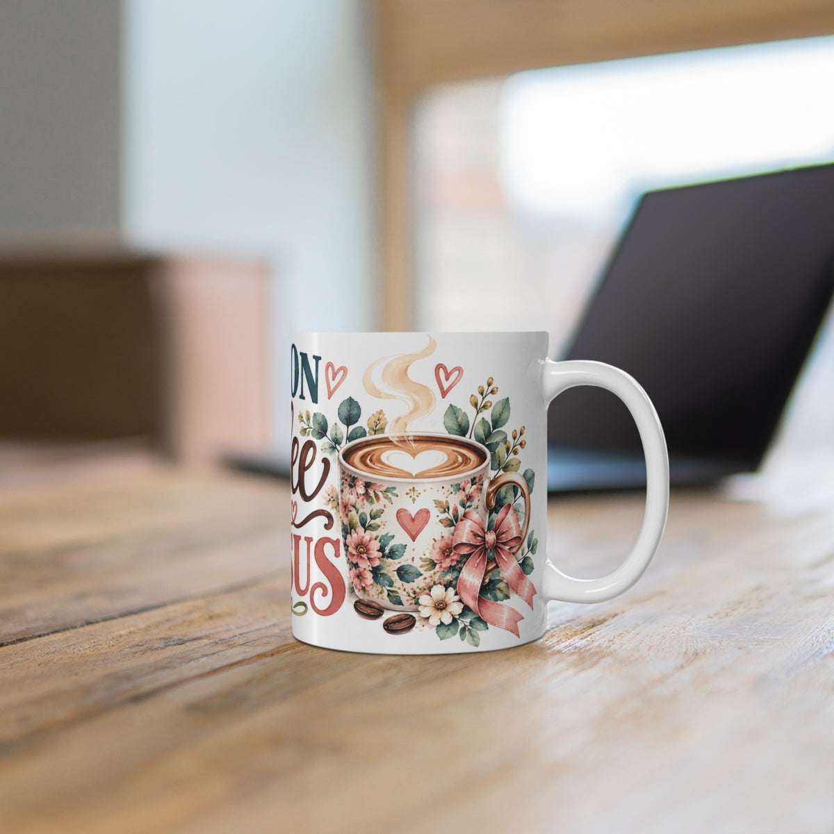 I Run on Coffee and Jesus ceramic mug on a wooden desk