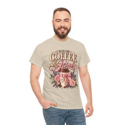 Man wearing the I Run on Coffee and Jesus Christian T-shirt in sand