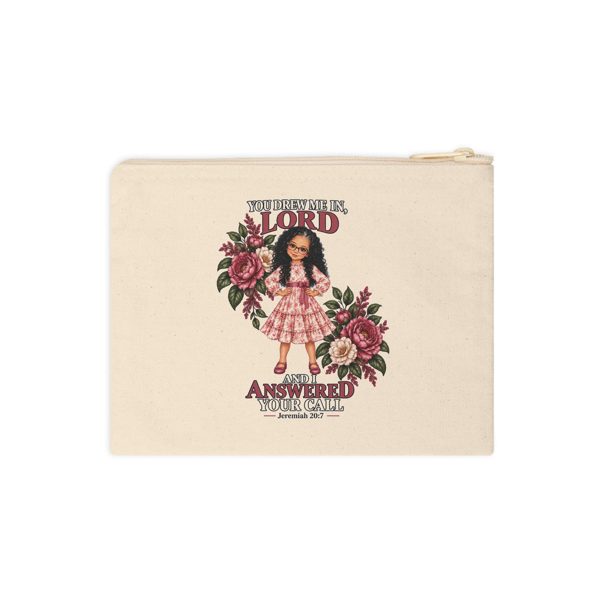 Front view of Christian canvas pouch featuring Jeremiah 20:7 faith design