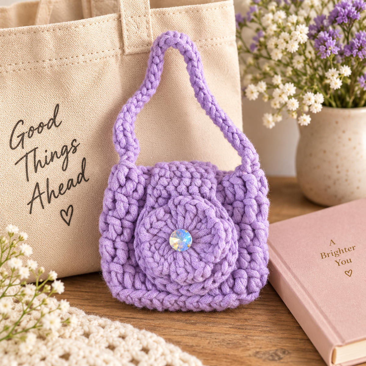 Lavender Flower Mini Crochet Purse styled with tote and journal