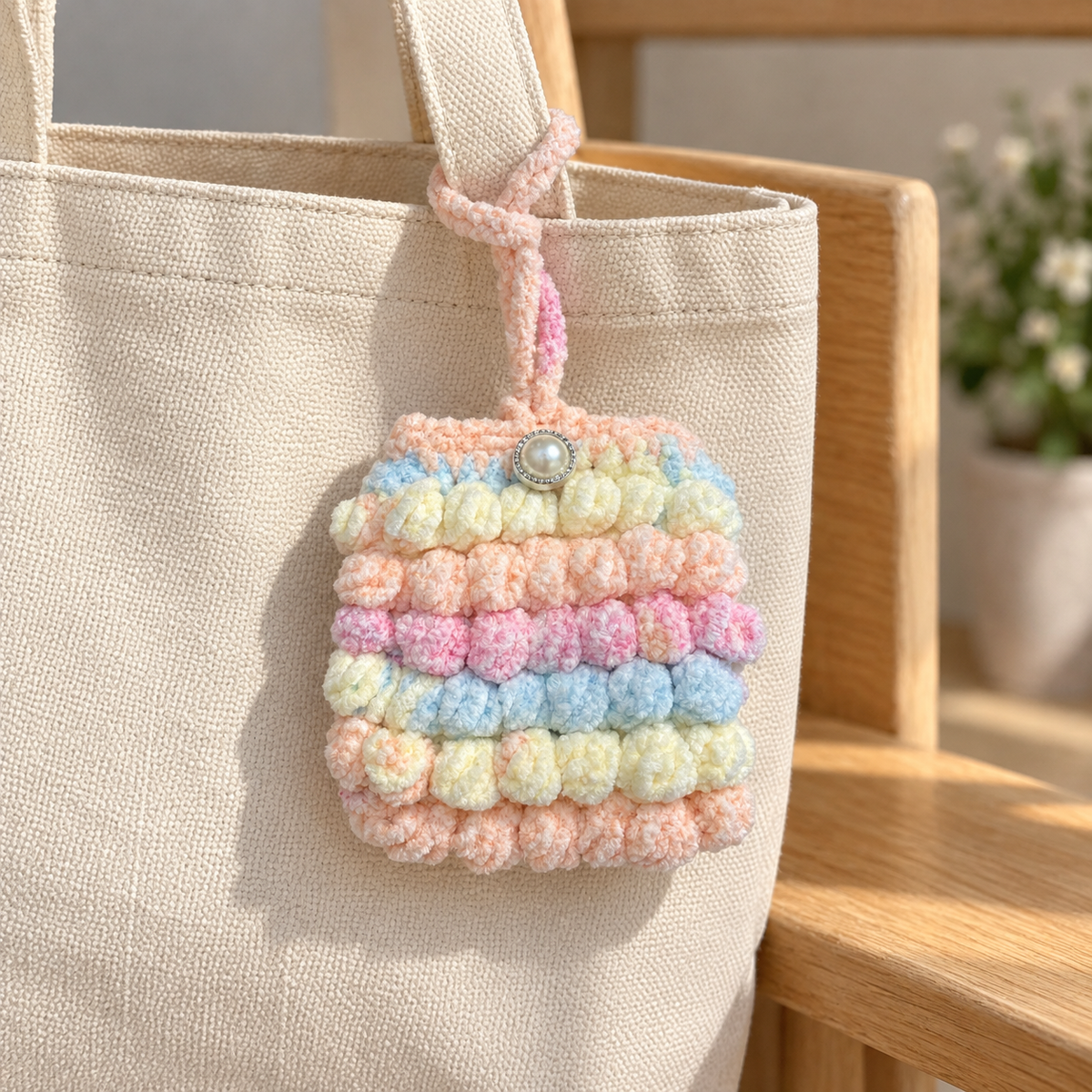 Pastel ruffle crochet mini pouch attached to a neutral canvas tote