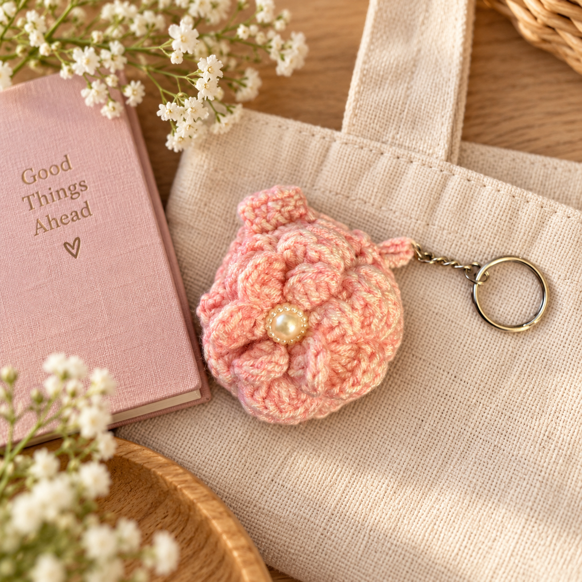 Pink Blossom Crochet Coin Pouch Keychain lifestyle view