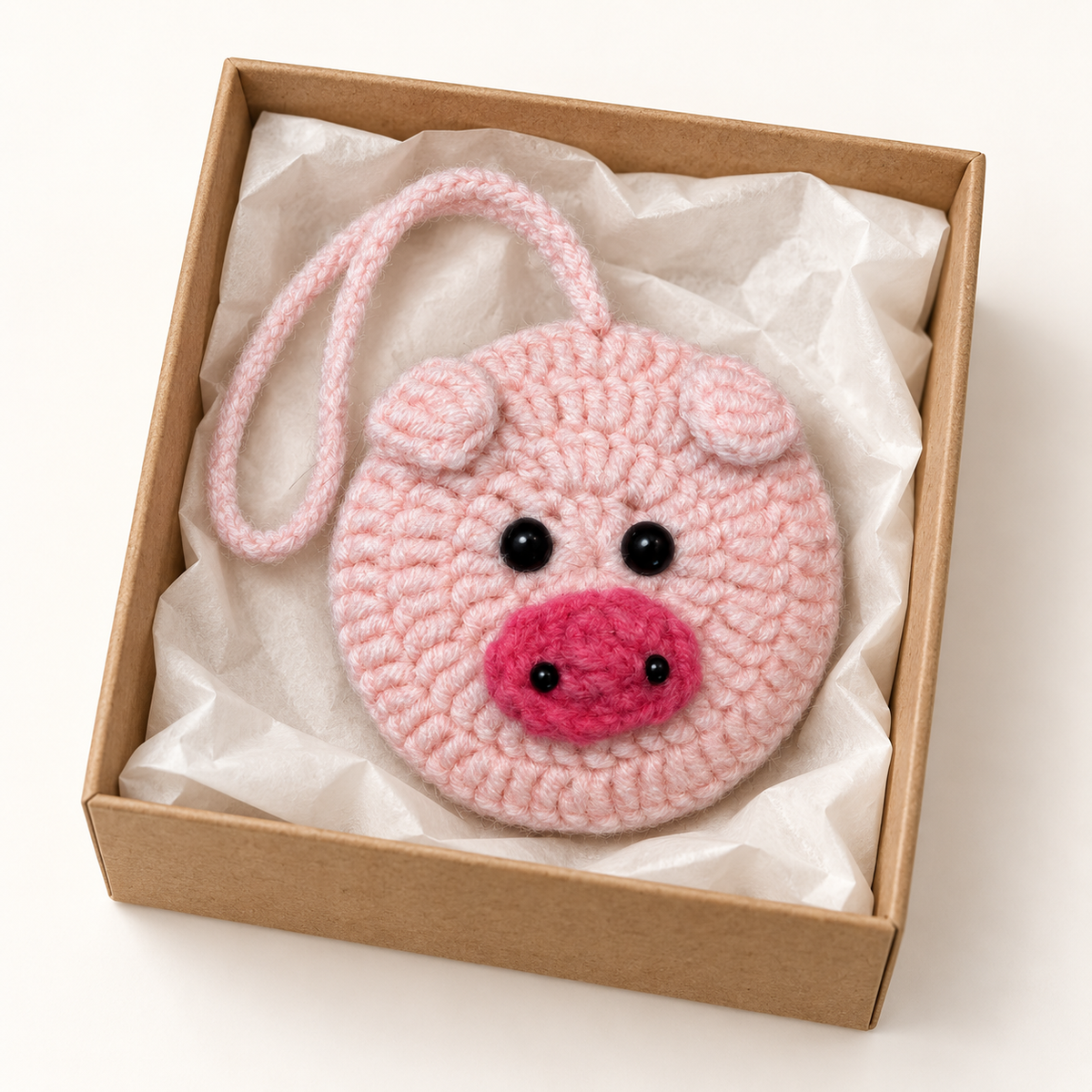 Pink pig crochet pocket mirror charm in a gift presentation