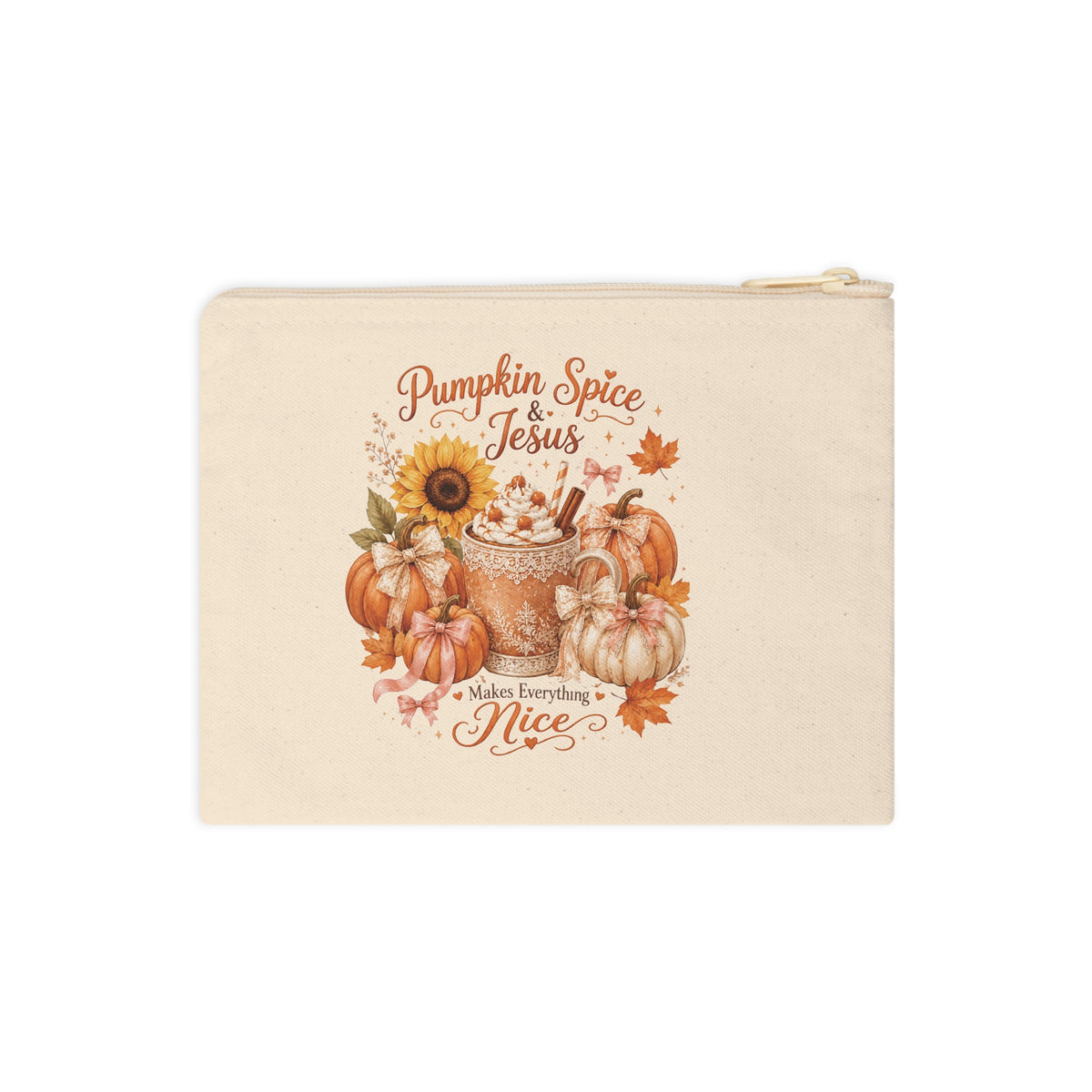 Front view of Pumpkin Spice and Jesus Christian fall canvas pouch
