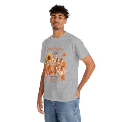 Model wearing Pumpkin Spice and Jesus Makes Everything Nice fall T-shirt in sport gray