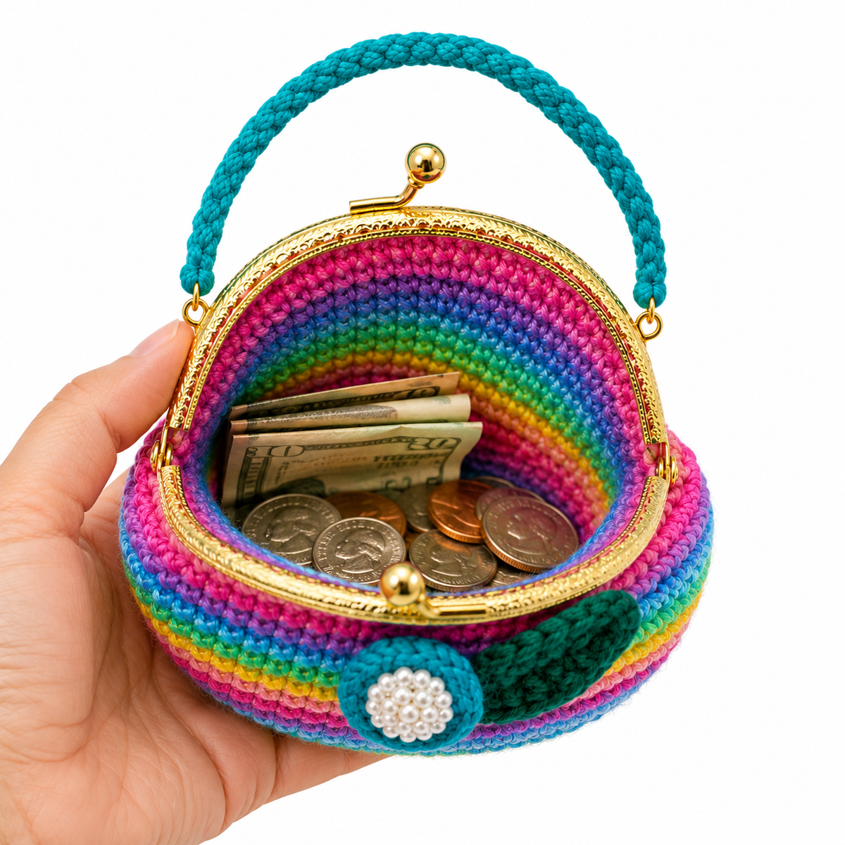 Open rainbow crochet floral coin purse showing unlined crochet interior with cash and coins