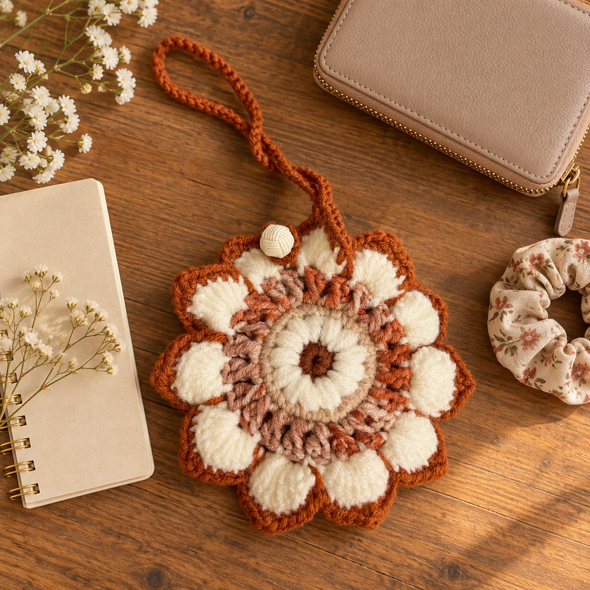 Rust and cream flower crochet pouch in a styled flat lay