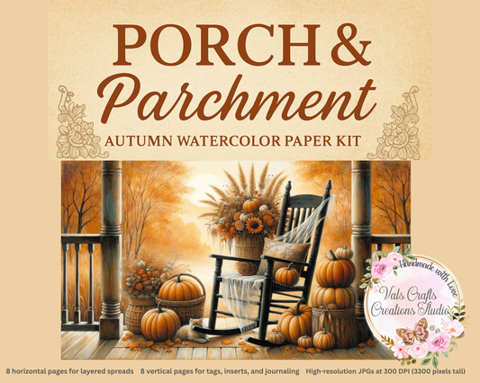 Porch & Parchment Autumn Watercolor Paper Kit 16- Printed Sheets 300 DPI