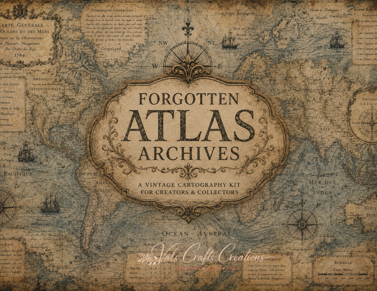 Forgotten Atlas Archives Printed Paper Kit | 20 Vintage Explorer Background Pages