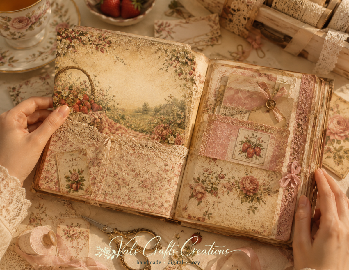 Strawberries Picnic Heirloom – Vintage Floral Junk Journal Paper Kit