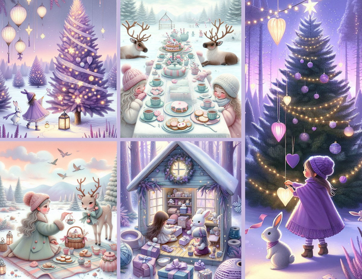 Winter Whimsy Background Paper Kit – Soft Lavender Forest & Gift-Gathering Girl (Digital Kit)