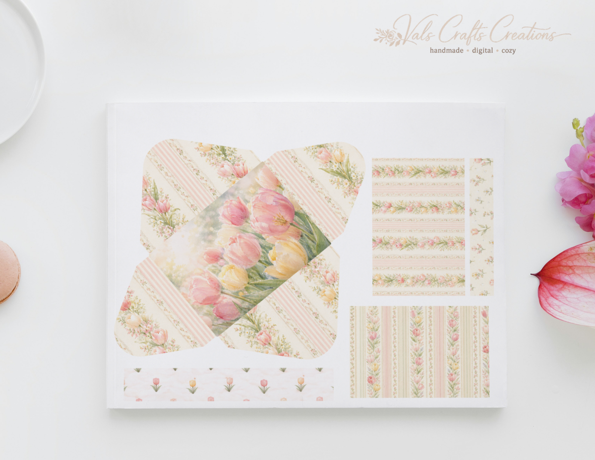 Tulips in Bloom – Vintage Floral Junk Journal Kit (15 Hero Pages, 18 Journaling Pages, 10 Seamless Papers, 16 Ephemera Pages)