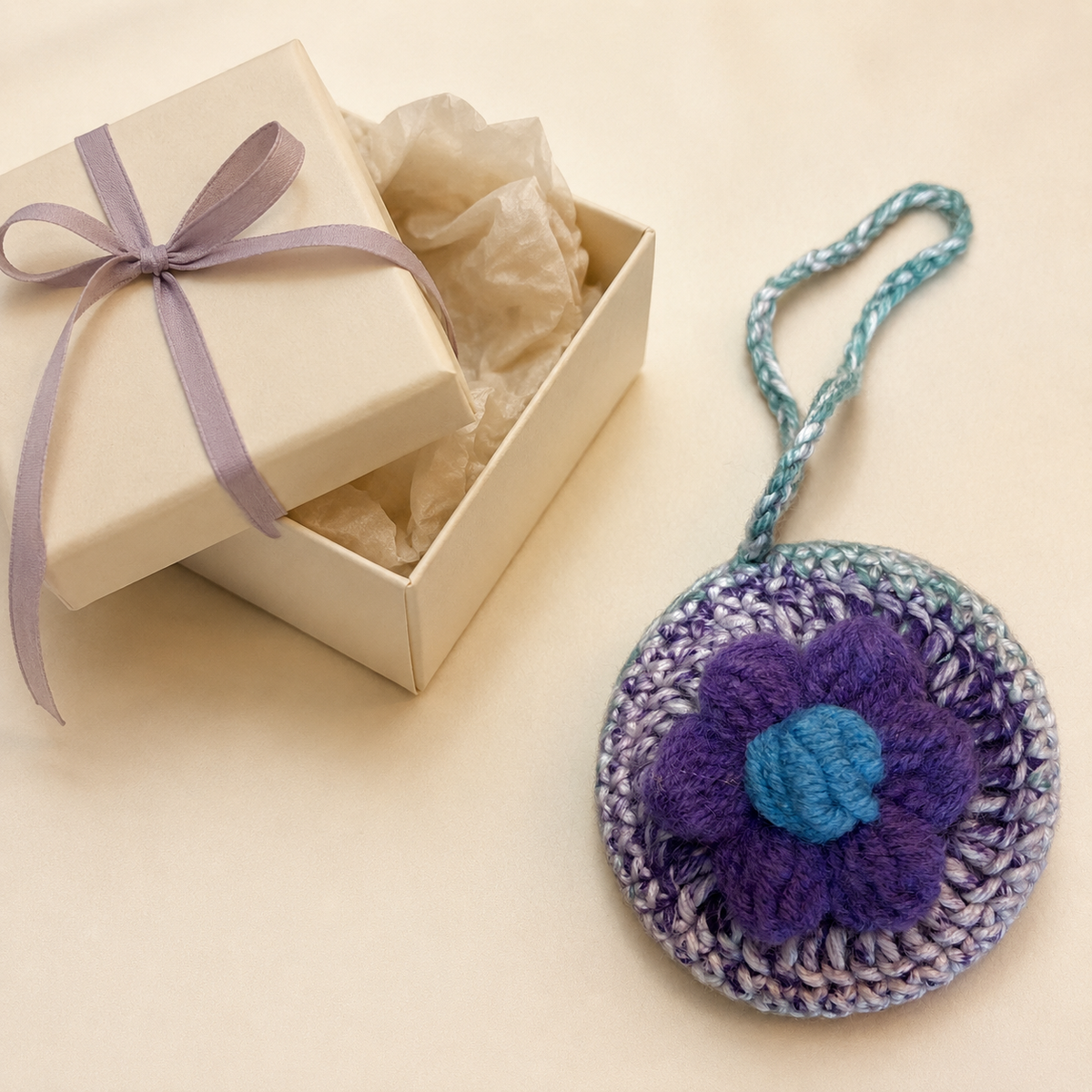 Purple Flower Crochet Pocket Mirror Charm – Handmade Purse Accessory