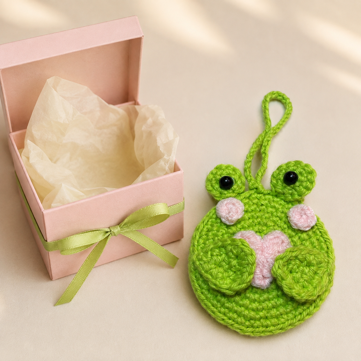 Green Frog Crochet Pocket Mirror Charm with Pink Heart