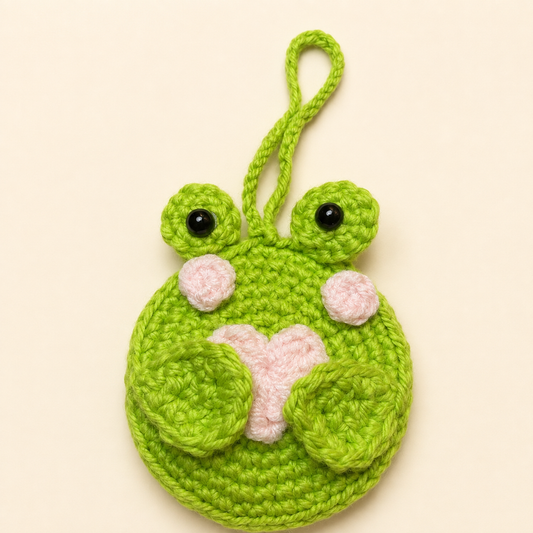 Green Frog Crochet Pocket Mirror Charm with Pink Heart