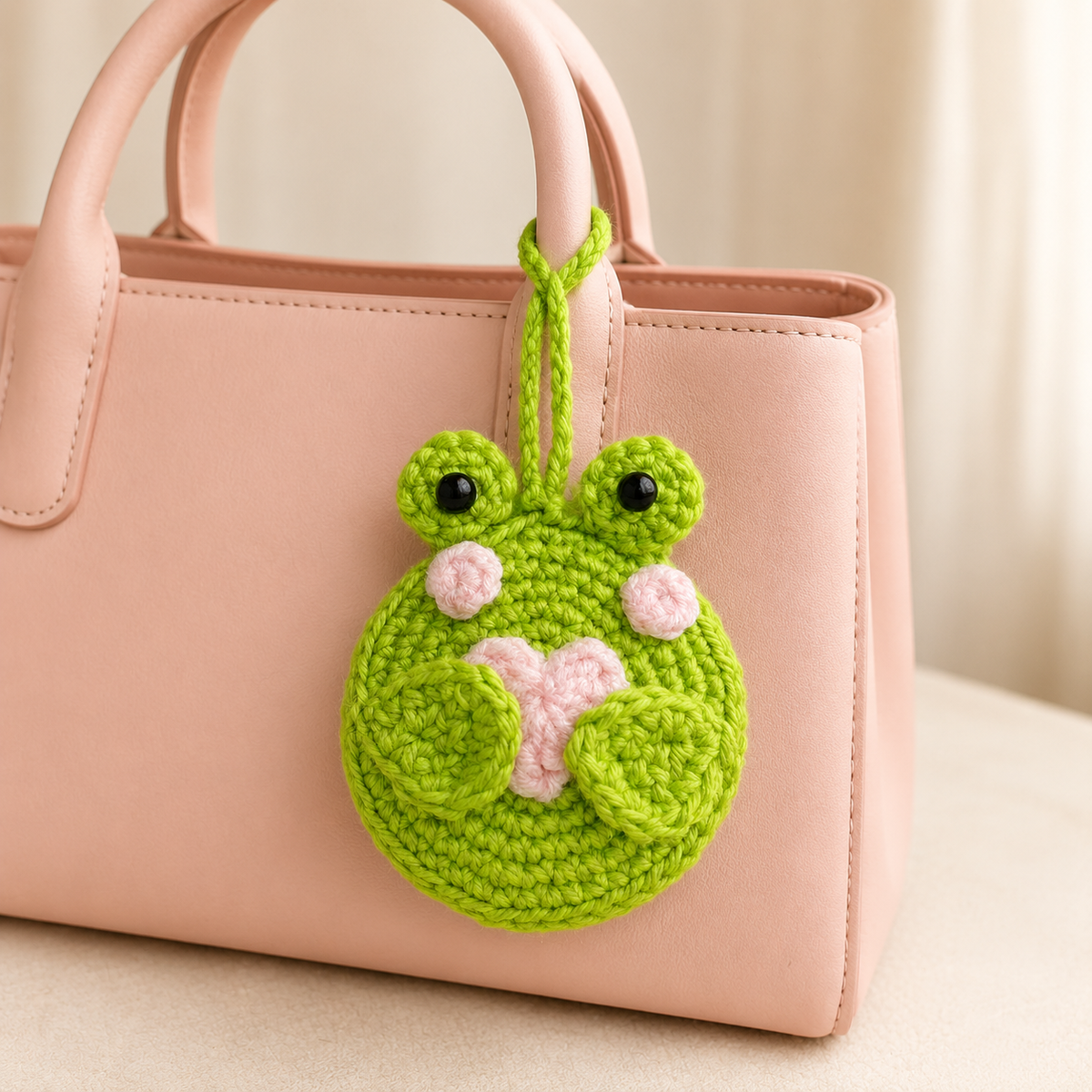 Green Frog Crochet Pocket Mirror Charm with Pink Heart