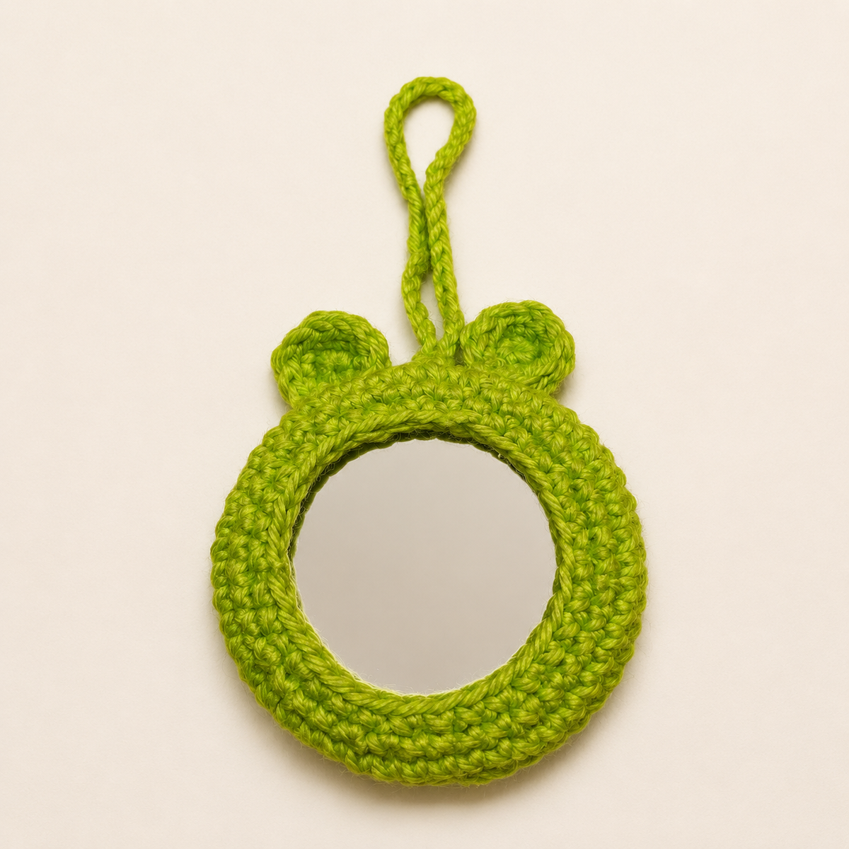 Green Frog Crochet Pocket Mirror Charm with Pink Heart