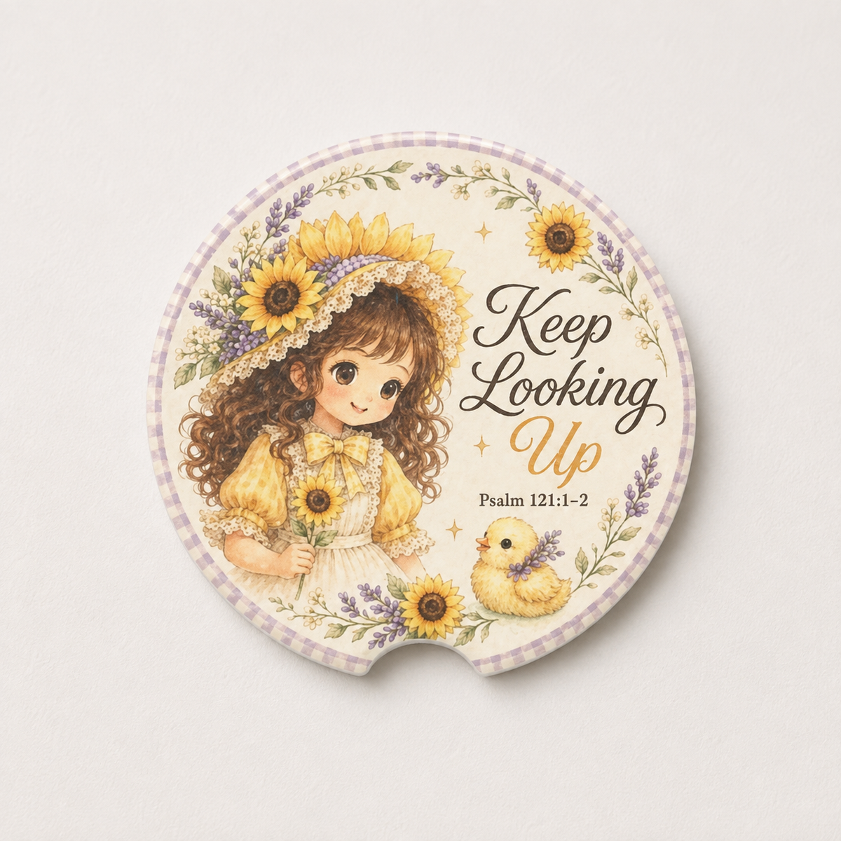 Keep Looking Up car coaster | sunflower girl illustration, Psalm 121:1-2