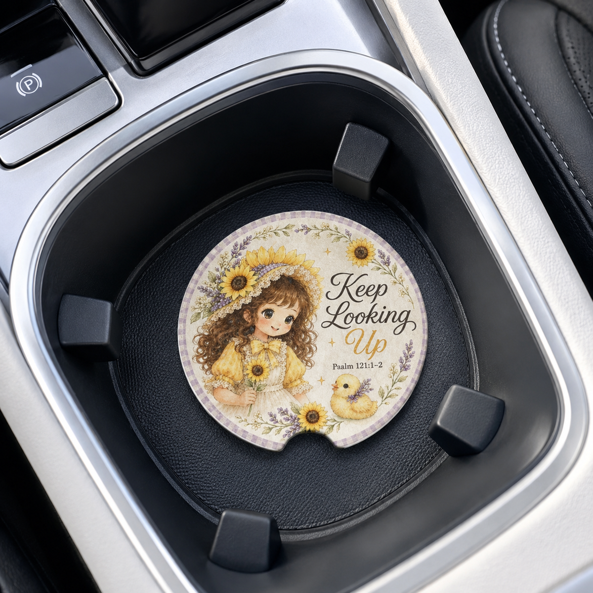 Keep Looking Up car coaster | sunflower girl illustration, Psalm 121:1-2