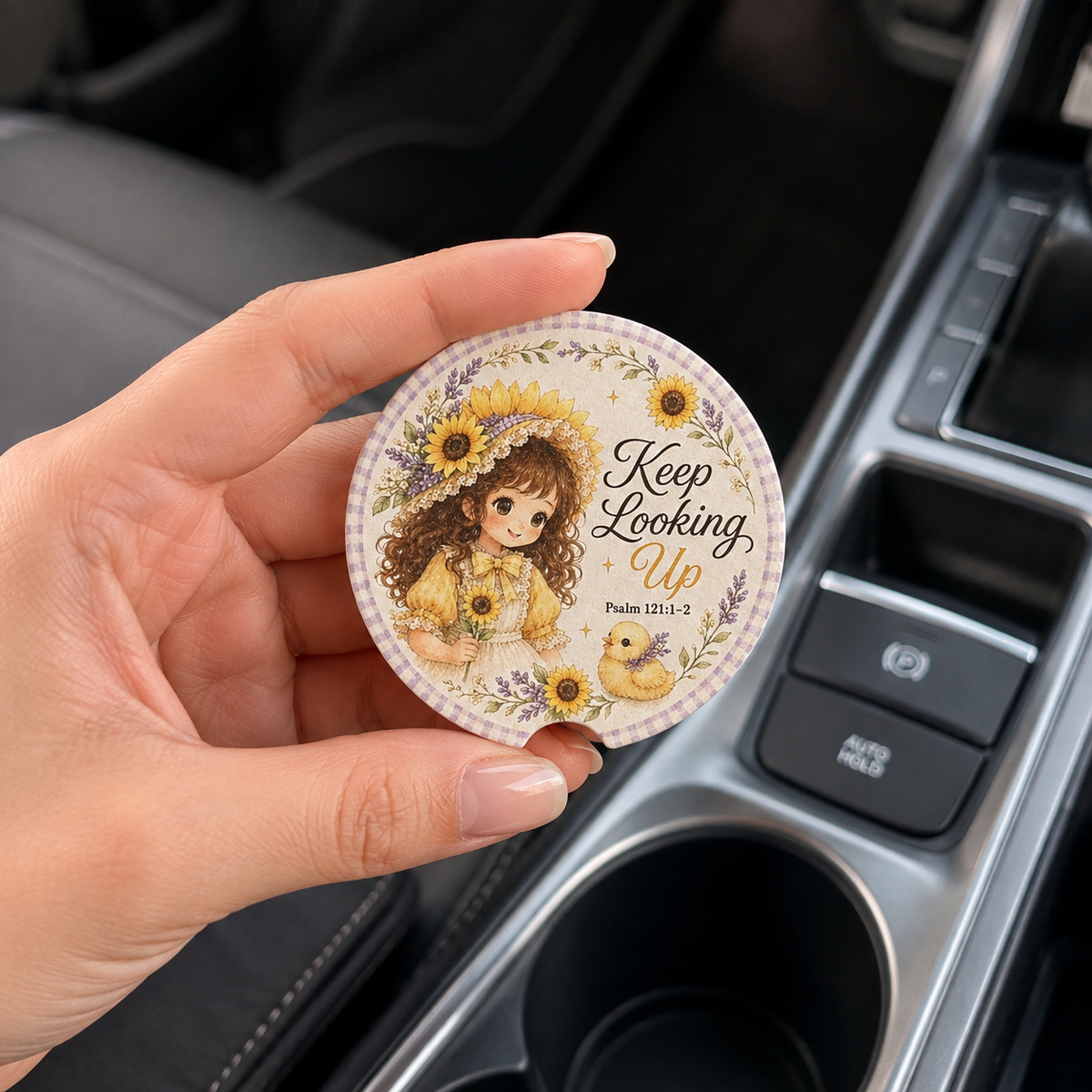 Keep Looking Up car coaster | sunflower girl illustration, Psalm 121:1-2