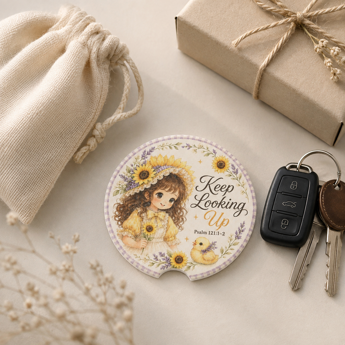 Keep Looking Up car coaster | sunflower girl illustration, Psalm 121:1-2
