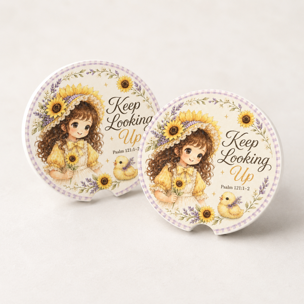 Keep Looking Up car coaster | sunflower girl illustration, Psalm 121:1-2