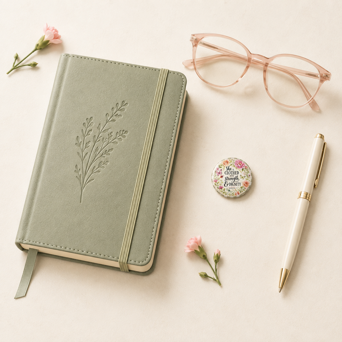 Proverbs 31:25 Pin Button • Strength & Dignity Floral Badge • Christian Encouragement Accessory
