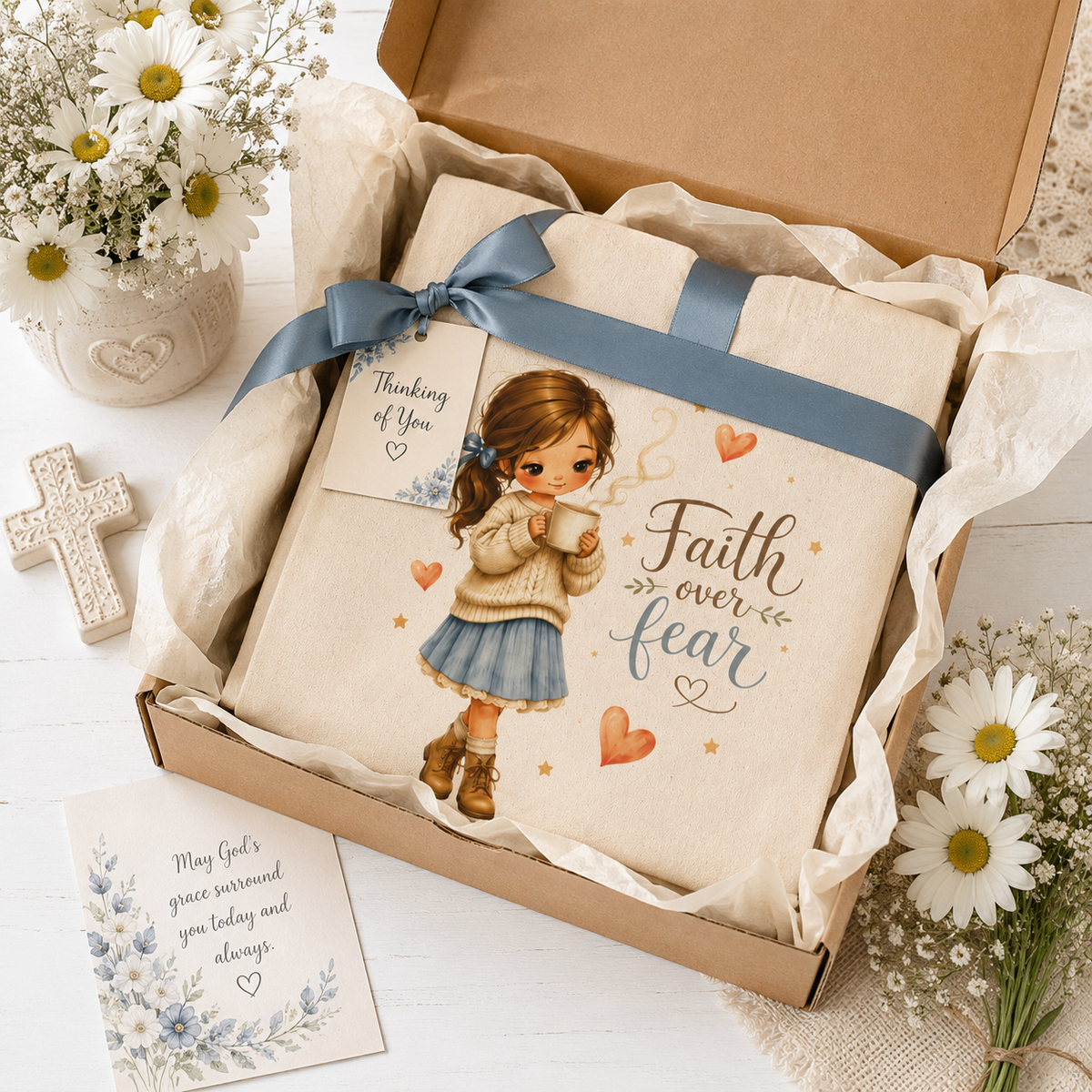 Faith Over Fear Christian Tote Bag, Watercolor Girl Coffee Lover Bible Study Canvas Bag