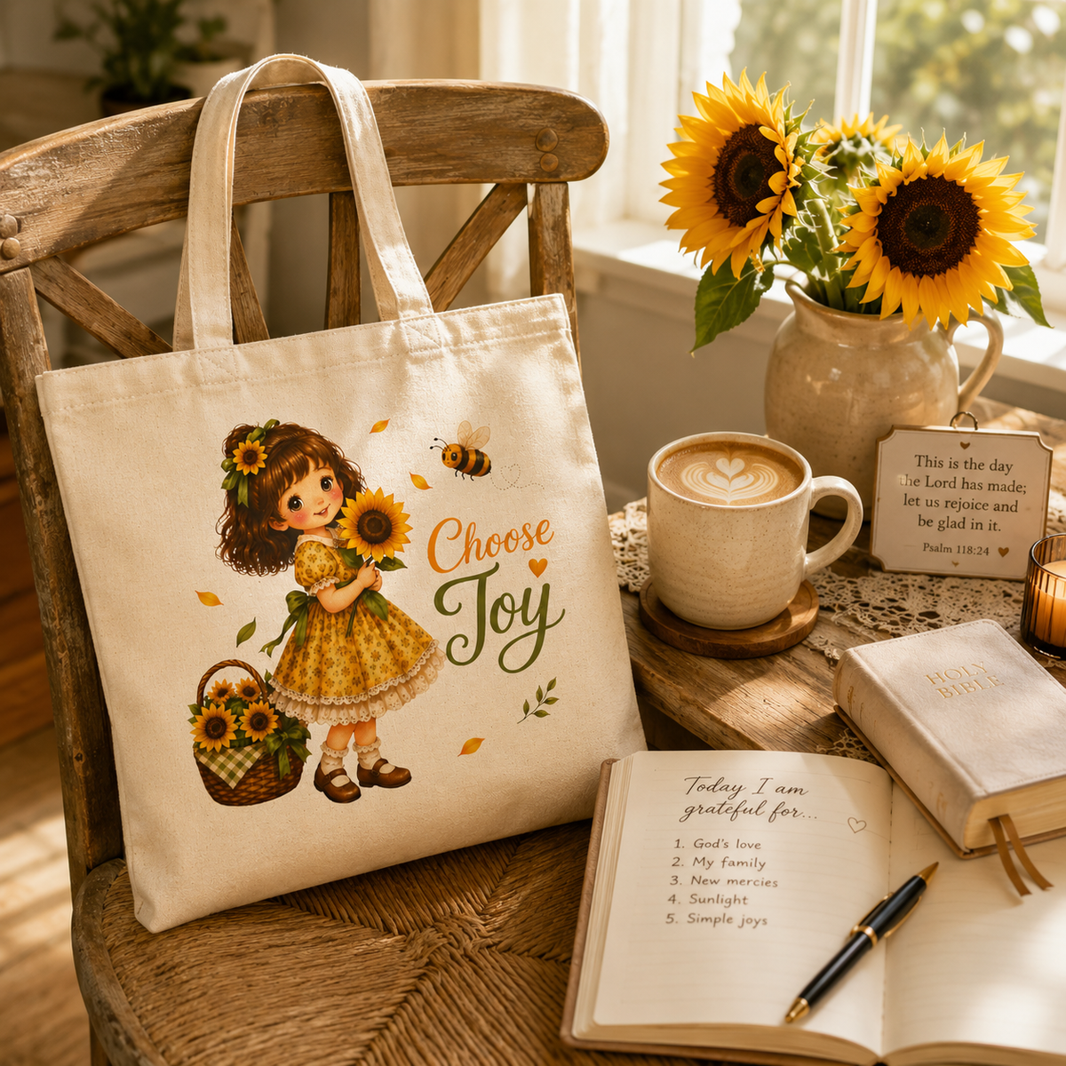 Choose Joy sunflower Christian Tote Bag | vintage illustration, - Little Faith Girls Collection
