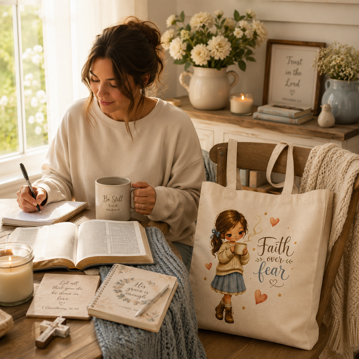 Faith Over Fear Christian Tote Bag, Watercolor Girl Coffee Lover Bible Study Canvas Bag