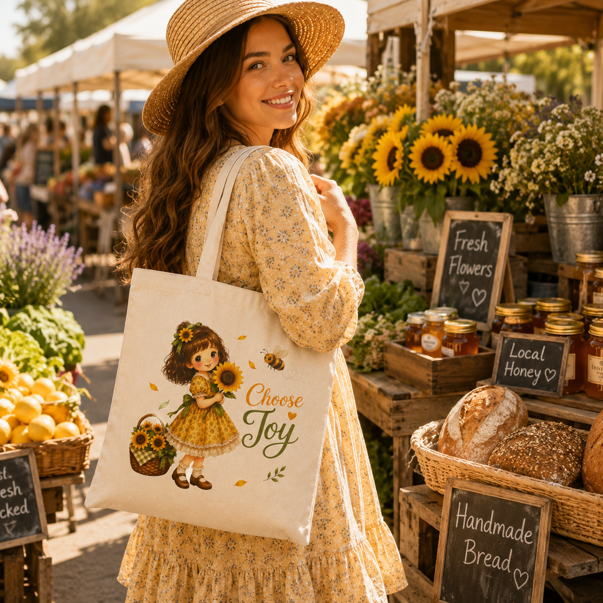 Choose Joy sunflower Christian Tote Bag | vintage illustration, - Little Faith Girls Collection
