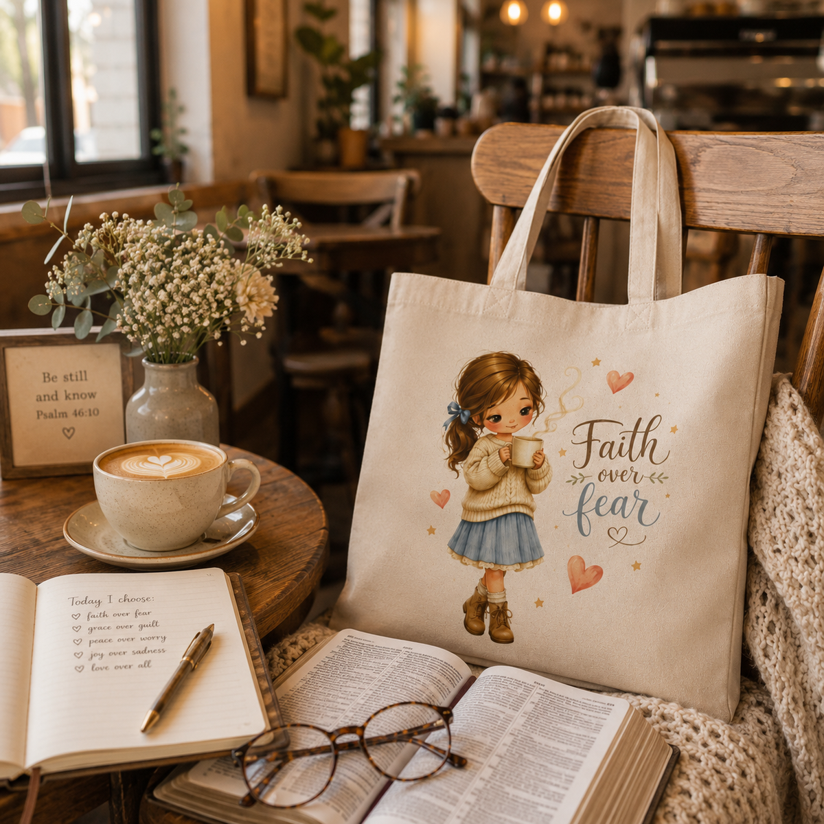 Faith Over Fear Christian Tote Bag, Watercolor Girl Coffee Lover Bible Study Canvas Bag
