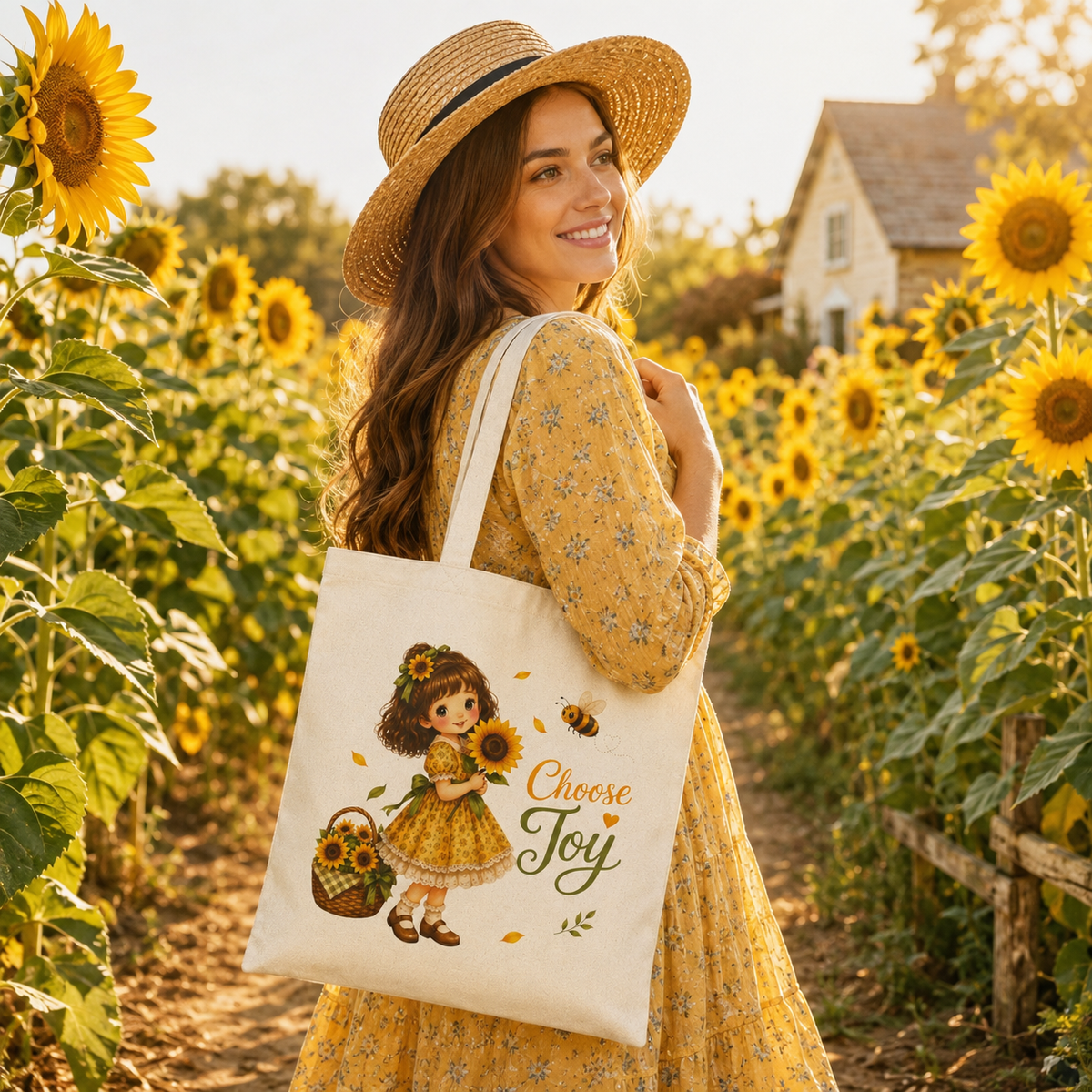 Choose Joy sunflower Christian Tote Bag | vintage illustration, - Little Faith Girls Collection