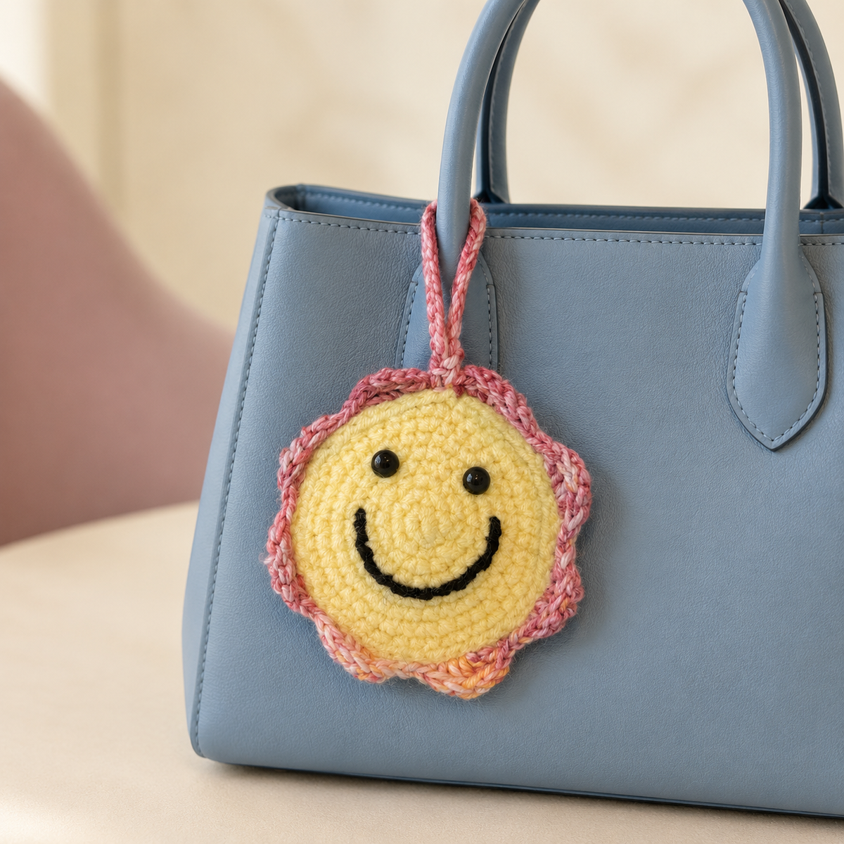 Smiley Face Crochet Pocket Mirror Charm – Handmade Purse Accessory