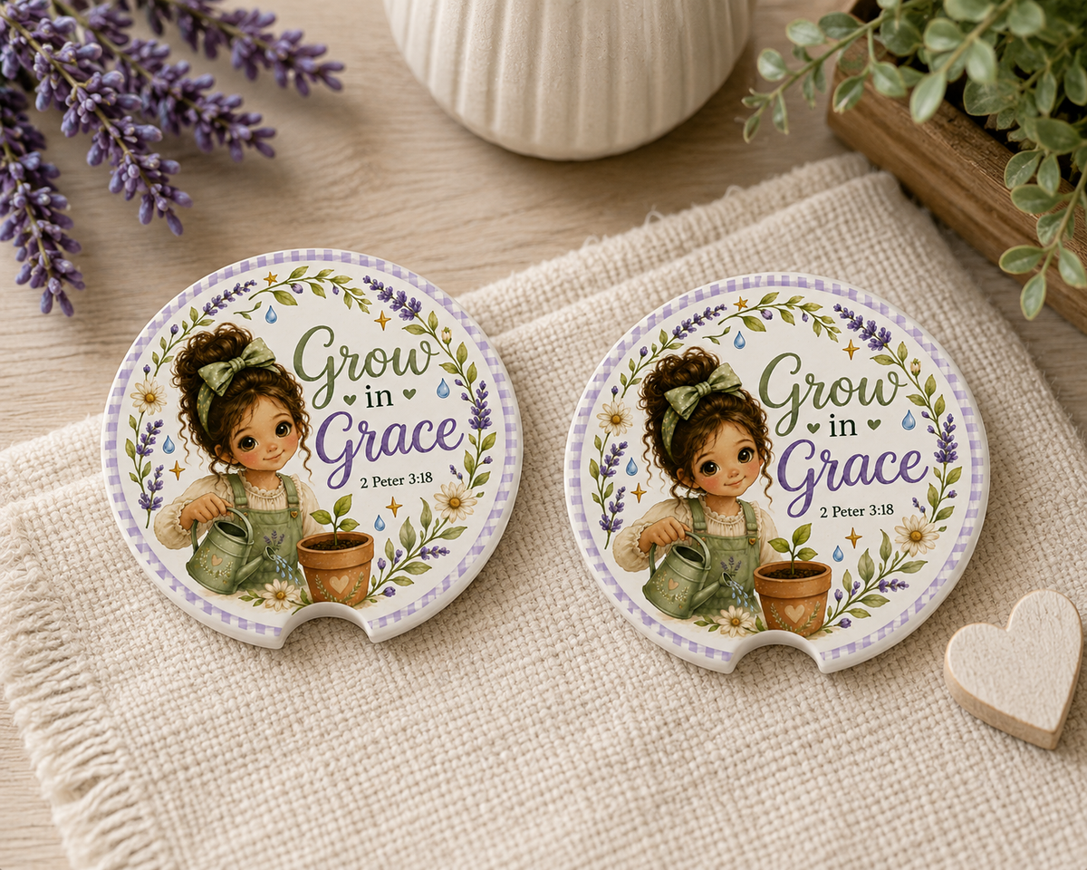 Grow in Grace car coaster | Christian scripture 2 Peter 3:18, floral girl design