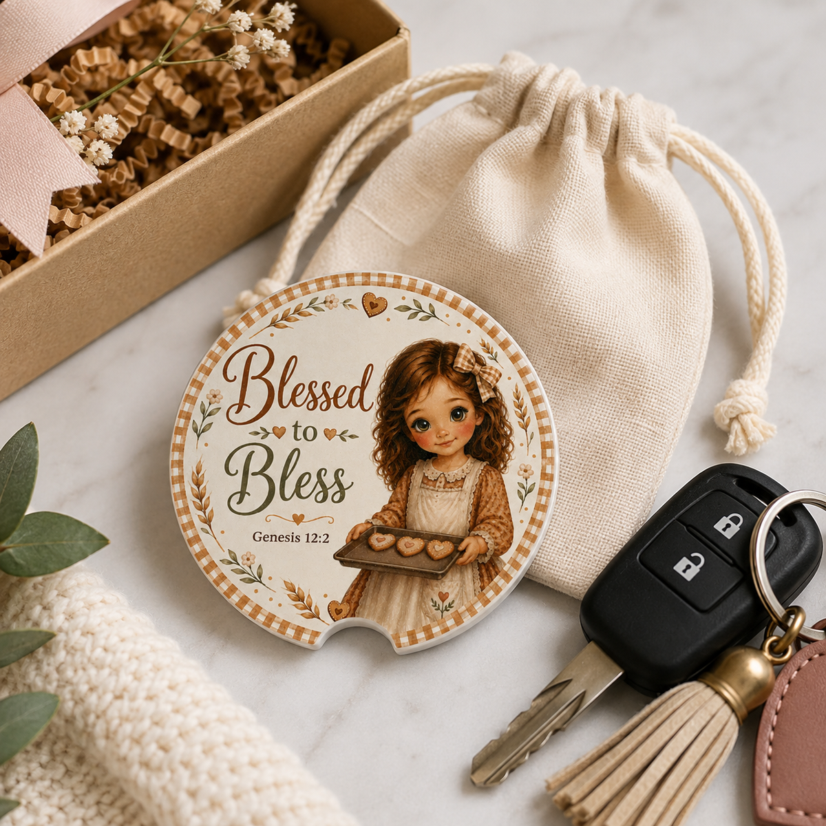 Blessed to Bless Automotive Interior Decoration & Gift Accessory-Soapstone Christian Car Coaster with Genesis 12:2 Scripture