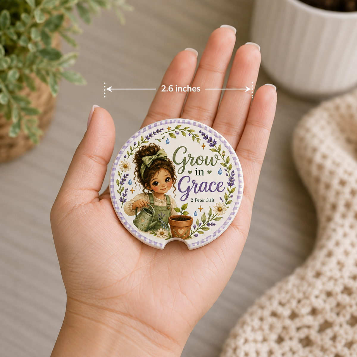 Grow in Grace car coaster | Christian scripture 2 Peter 3:18, floral girl design