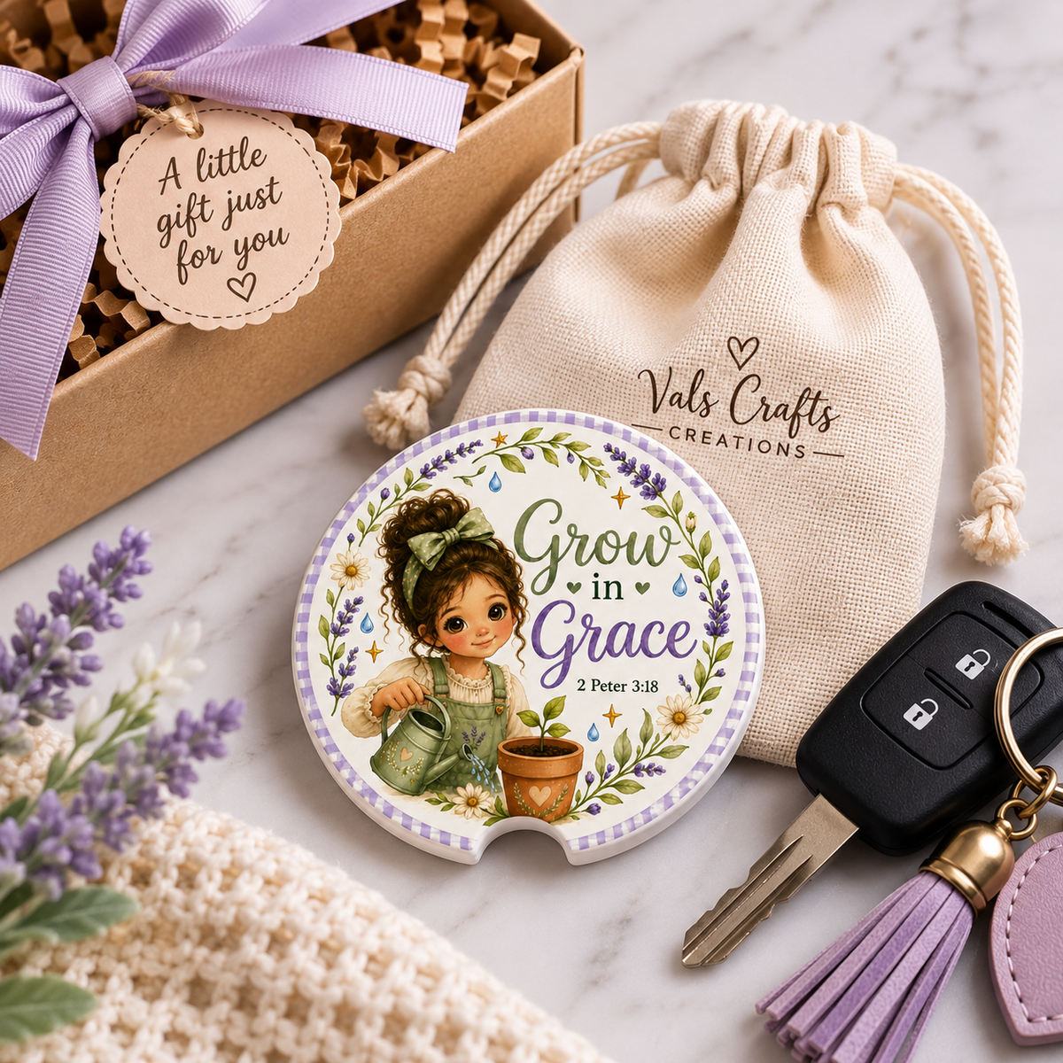 Grow in Grace car coaster | Christian scripture 2 Peter 3:18, floral girl design