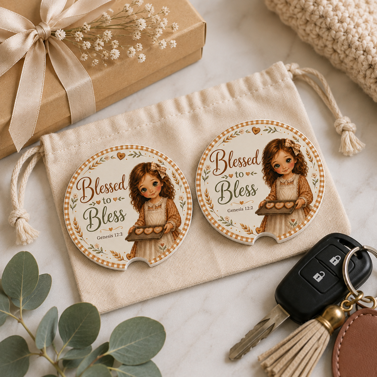 Blessed to Bless Automotive Interior Decoration & Gift Accessory-Soapstone Christian Car Coaster with Genesis 12:2 Scripture