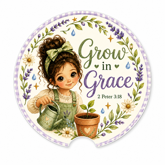 Grow in Grace car coaster | Christian scripture 2 Peter 3:18, floral girl design